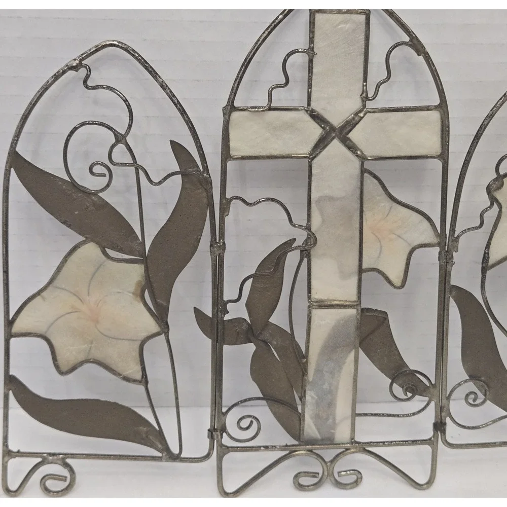 Vtg Capiz Shell Cross Calla Lily Triptych Panel 7.5